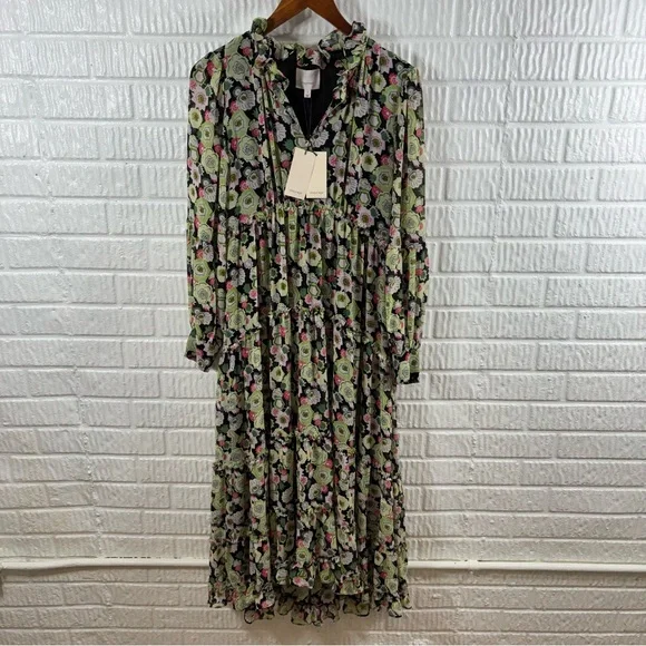 Cinq a Sept Womens Lucille Green Puff Sleeve Floral Below Knee Midi Dress NWT 2 - Picture 2 of 6